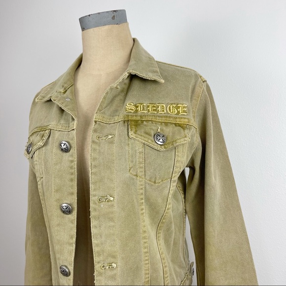 Sledge Jean Jacket Olive Green Distressed Vintage Y2K - Picture 2 of 8